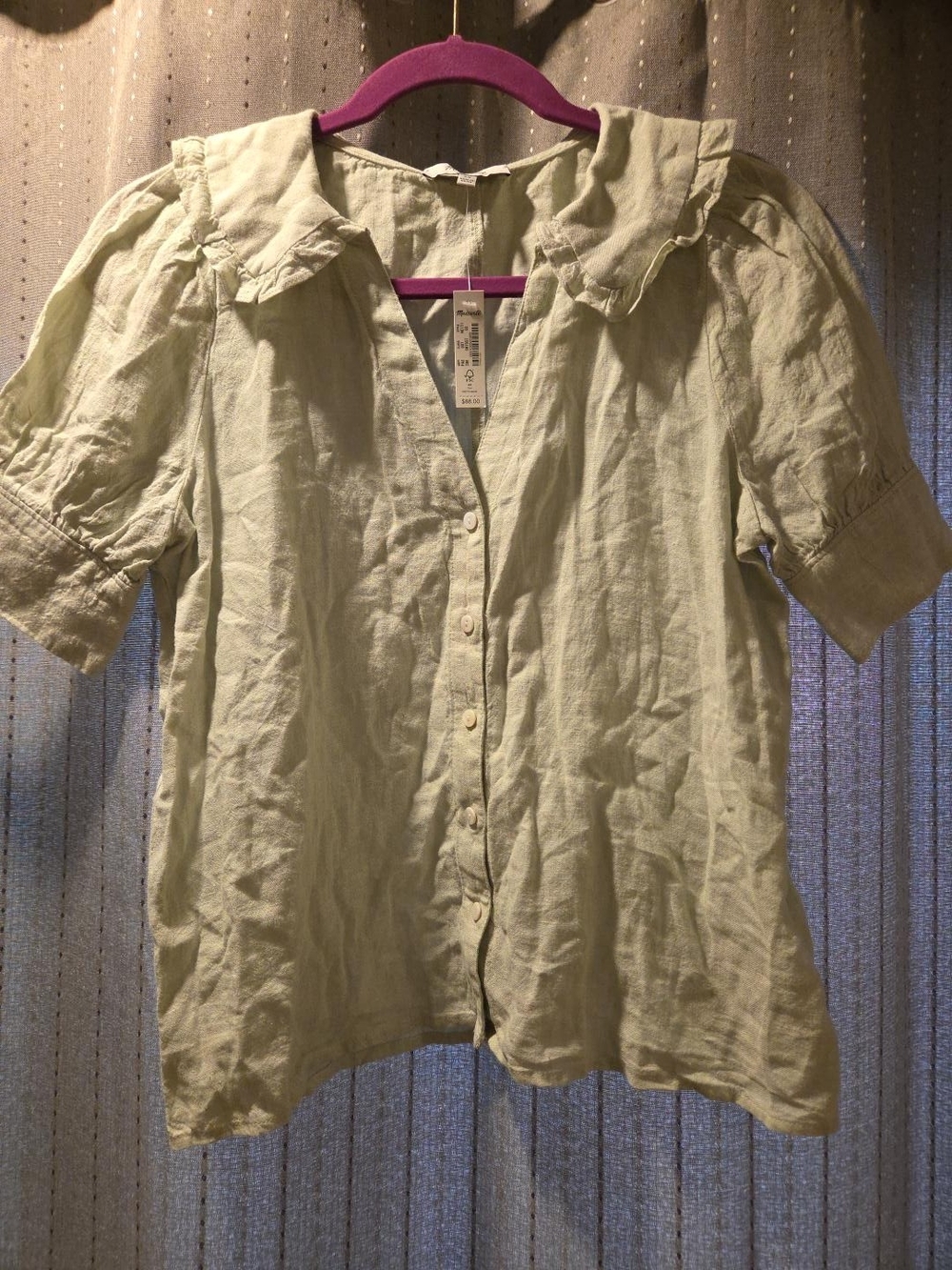 Madewell Sage Green Linen Blend Ruffle Collar Blouse Size 00 NWT